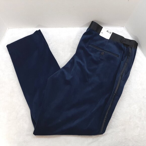 Express Tuxedo Pants Mens 40x32 Slim Velvet Navy Black Trimming NWT - Picture 1 of 12